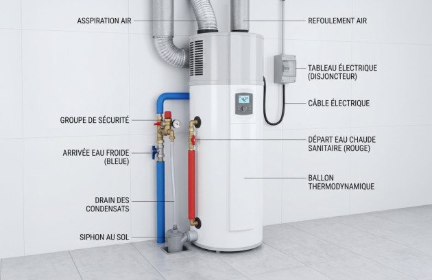 Schéma de fonctionnement et raccordement d’un chauffe-eau thermodynamique