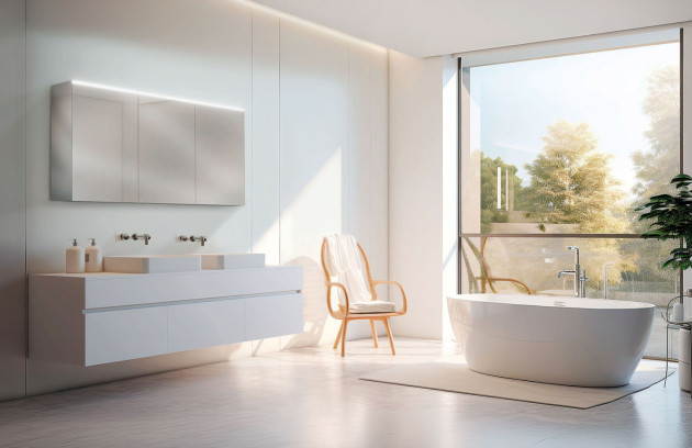 Grande salle de bains moderne blanche avec double vasque suspendue et baignoire îlot près d’une baie vitrée, aménagement lumineux