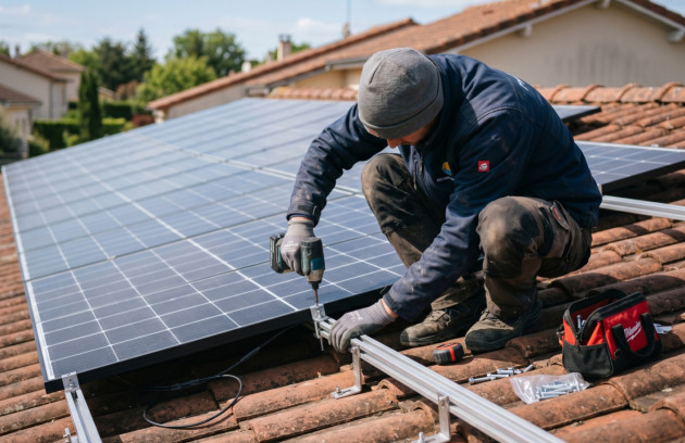 Installateur fixant des panneaux solaires photovoltaïques sur les rails d’une toiture en tuiles.