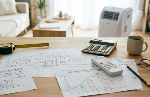 Bureau à domicile avec documents et calculatrice, simulation du coût et de la consommation d’un climatiseur.