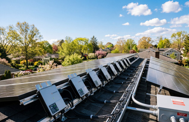 Installation photovoltaïque résidentielle avec micro-onduleurs fixés sous chaque panneau solaire sur toiture.