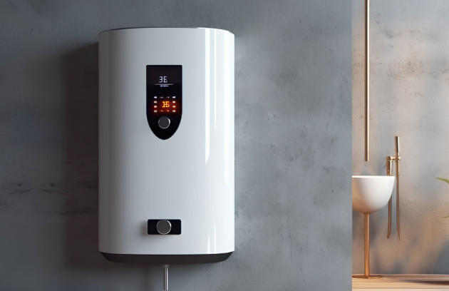 Chaudière électrique murale design avec affichage digital de la température, installée dans une salle de bains moderne pour assurer le chauffage central et la production d’eau chaude sanitaire.