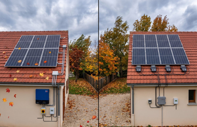 Comparaison entre installation solaire avec onduleur central et système équipé de micro-onduleurs sur toiture résidentielle.