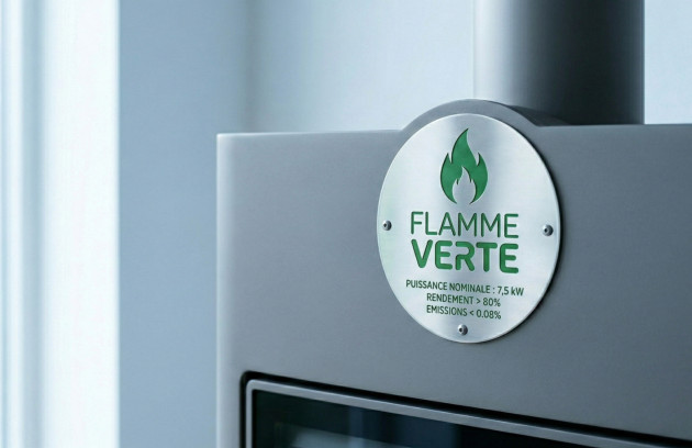 Label Flamme Verte apposé sur un poêle à bois, indiquant un haut rendement énergétique et de faibles émissions pour un chauffage performant et écologique.