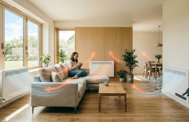 Salon lumineux chauffé par radiateurs électriques diffusant une chaleur homogène, illustrant une bonne répartition du confort thermique dans toute la pièce.