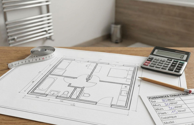 Plan de salle de bains avec calcul de puissance de chauffage, mètre ruban et calculatrice pour dimensionner un sèche-serviettes adapté à la surface.