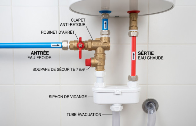 Schéma du groupe de sécurité et du raccordement d’un chauffe-eau électrique
