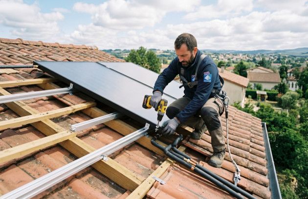 Installateur posant des capteurs solaires thermiques sur une toiture