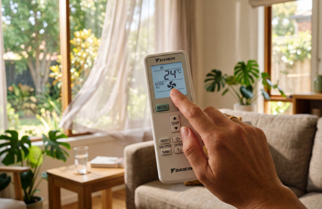 Télécommande de climatisation réglée à 24 °C dans un salon lumineux.