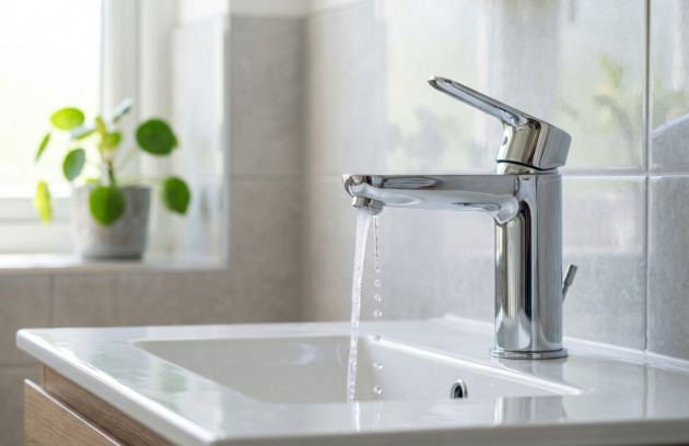 Mitigeur de lavabo avec eau courante dans une salle de bains lumineuse.