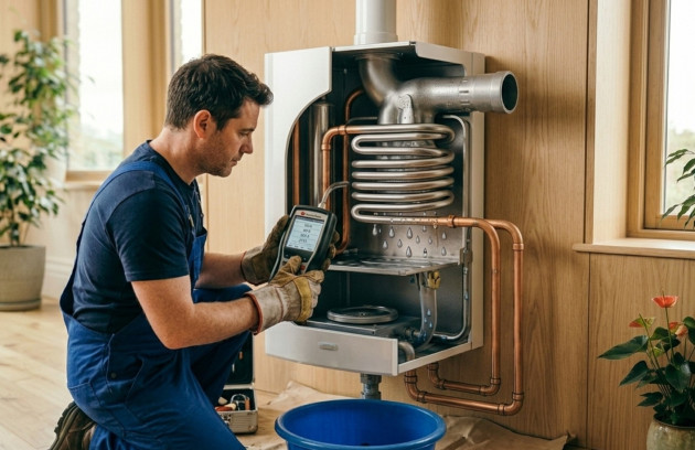 Technicien contrôlant les performances d’une chaudière à condensation ouverte en entretien