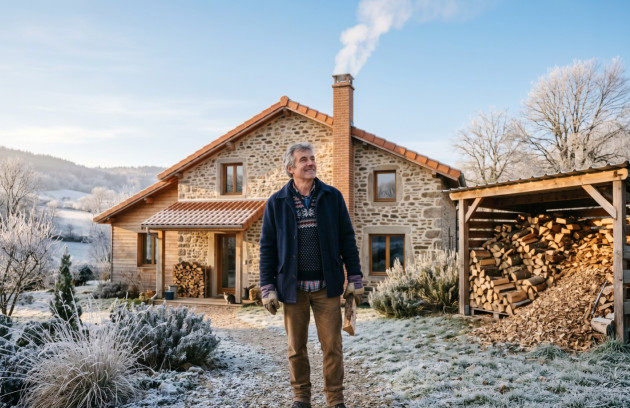 Maison chauffée au bois déchiqueté avec stockage du combustible en extérieur
