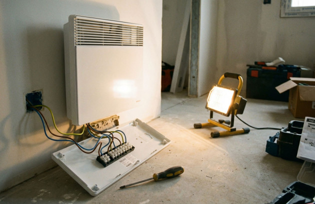 Branchement d’un radiateur électrique mural avec fils apparents sur bornier, illustrant le raccordement phase neutre terre et la sortie de câble avant fixation.