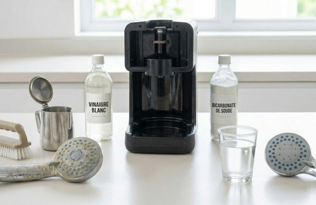 Produits naturels anti-calcaire avec vinaigre blanc, bicarbonate de soude et accessoires de nettoyage.