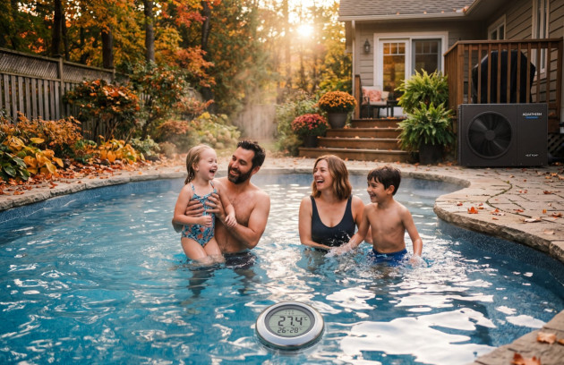 Famille profitant d’une piscine chauffée en automne grâce à une pompe à chaleur avec eau à température idéale et jardin extérieur.
