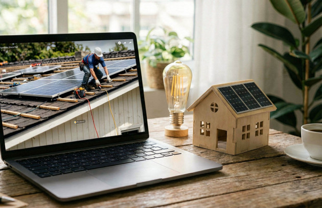 Ordinateur affichant l’installation de panneaux solaires sur une toiture, à côté d’une maquette de maison avec mini panneau photovoltaïque et d’une ampoule, illustrant un projet d’énergie solaire domestique.