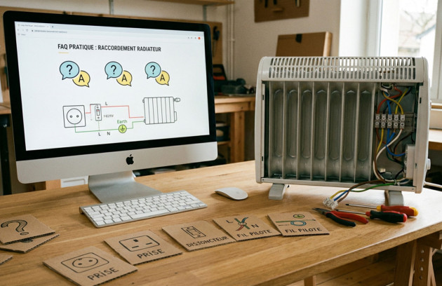 Schéma de branchement d’un radiateur électrique affiché sur écran avec appareil ouvert et câblage visible, illustrant le raccordement avec fil pilote et disjoncteur.
