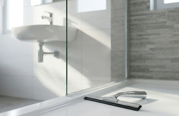 Raclette posée devant paroi de douche vitrée dans une salle de bains moderne et lumineuse.