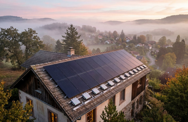 Installation de panneaux solaires avec onduleurs hybrides alignés sur une toiture de maison individuelle en zone rurale.