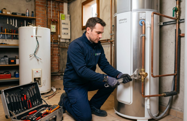 Technicien réalisant l’entretien d’un chauffe-eau thermodynamique