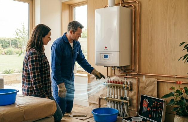 Installateur présentant une chaudière à condensation et son collecteur de chauffage domestique