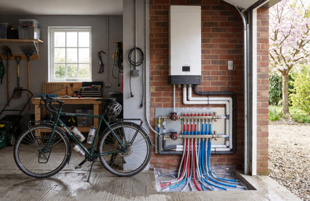 Pompe à chaleur air-eau avec collecteur hydraulique installée dans un garage résidentiel