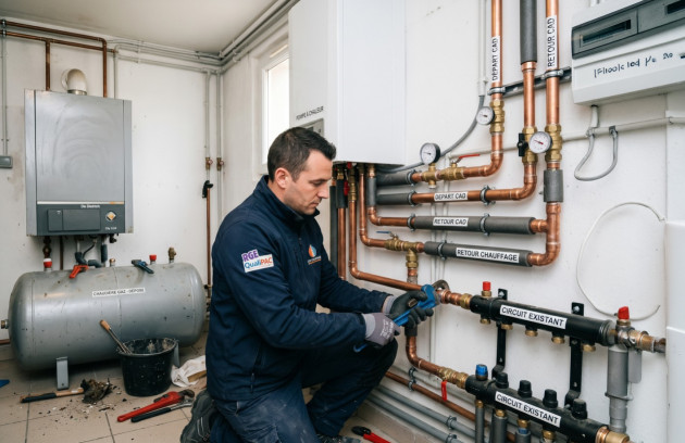 Technicien RGE réalisant le raccordement hydraulique d’une pompe à chaleur