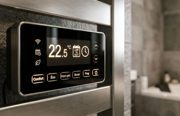 Thermostat électronique de sèche-serviettes affichant la température et les modes confort, éco et programmation pour optimiser le chauffage de la salle de bains.