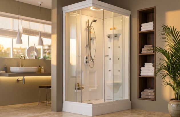 Cabine de douche hydromassante équipée de plusieurs jets pour profiter des bienfaits de l’hydrothérapie.
