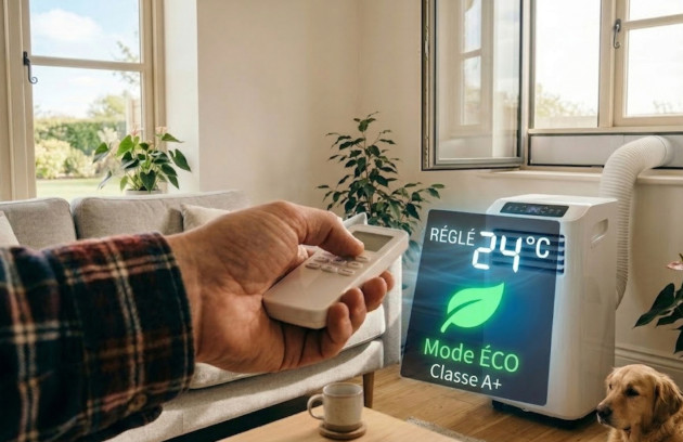 Télécommande pilotant un climatiseur mobile en mode éco réglé à 24°C dans un salon avec gaine d’évacuation vers la fenêtre.