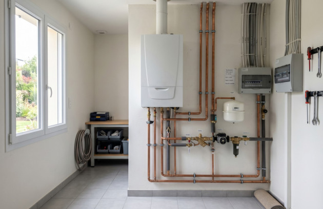 Chaudière installée dans un local technique avec réseau de chauffage apparent.