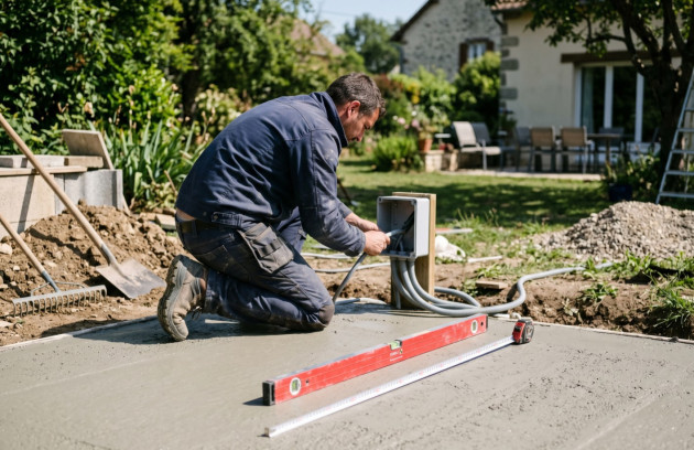 Installation technique d’un spa extérieur avec préparation du sol et raccordements par un professionnel.