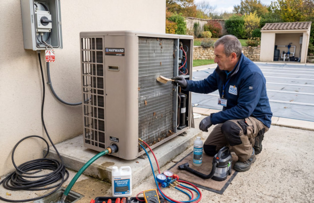 Entretien d’une pompe à chaleur piscine avec technicien nettoyant l’évaporateur et vérifiant le circuit près du bassin couvert en extérieur.