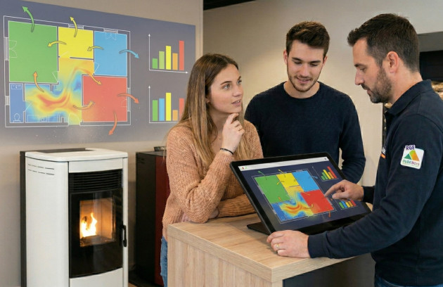 Conseiller présentant un projet de chauffage au poêle à granulés à un couple