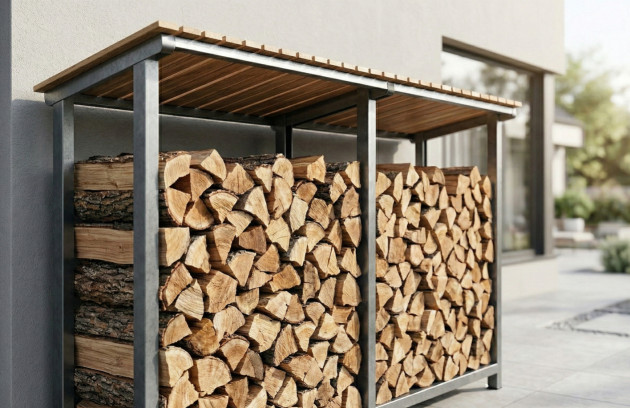 Stockage de bûches de bois bien sec sous abri extérieur, illustrant l’importance d’un bois correctement ventilé pour un chauffage au bois performant.