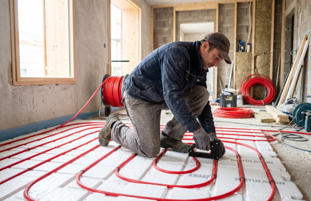 Pose des tubes d'un plancher chauffant avant la chape.