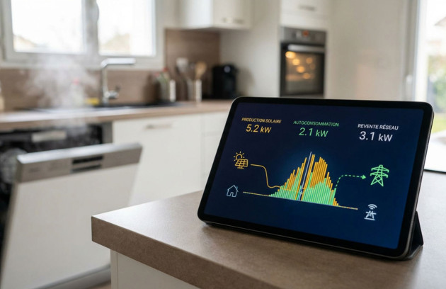 Tablette affichant le suivi de la production solaire, de l’autoconsommation et de la revente d’électricité, dans une cuisine équipée illustrant la gestion d’une installation photovoltaïque domestique.