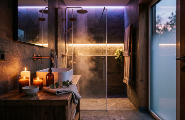 Douche à l’italienne dans une ambiance bien-être avec éclairage tamisé et vapeur.