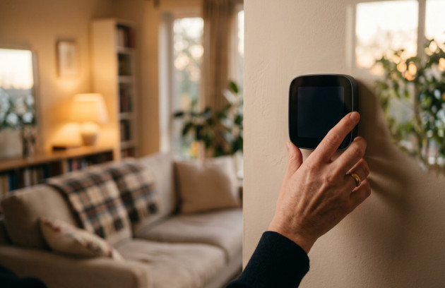 Réglage de la température du chauffage à l’aide d’un thermostat connecté dans une pièce de vie.