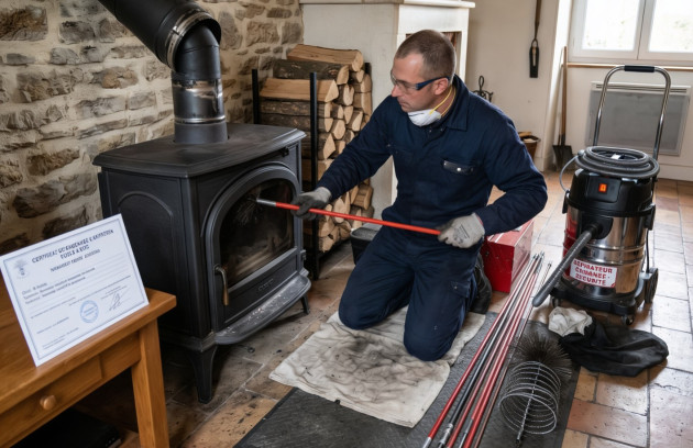 Entretien et ramonage d’un poêle à bois par un professionnel qualifié.