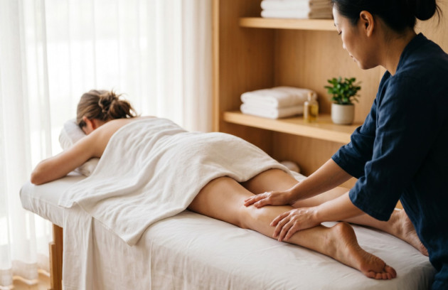 Séance de massage des jambes réalisée sur une table de soin dans une ambiance relaxante.