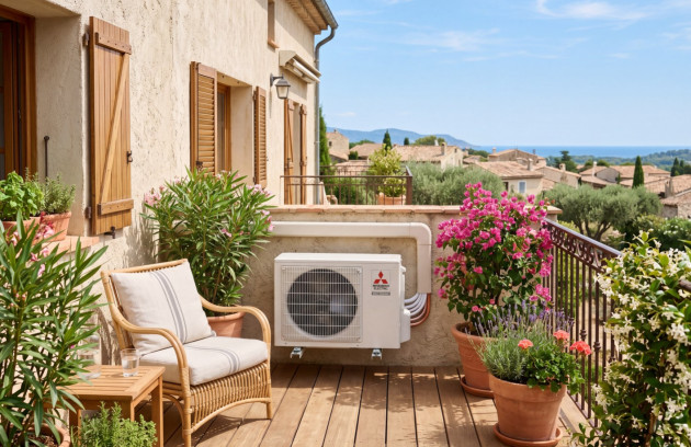 Unité extérieure de climatisation installée sur une terrasse ensoleillée avec vue sur un village méditerranéen.