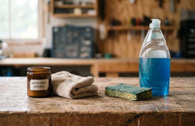Produits et accessoires utilisés pour nettoyer et entretenir un poêle à bois en fonte.