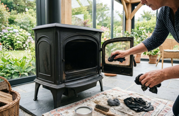 Entretien d’un poêle à bois en fonte avec nettoyage de la porte et de la vitre.
