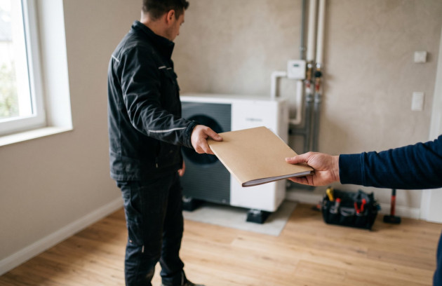 Professionnel remettant les documents liés à l’installation d’une pompe à chaleur air-eau.