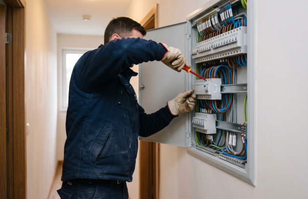 Électricien réalisant le raccordement électrique nécessaire au fonctionnement d’une pompe à chaleur.