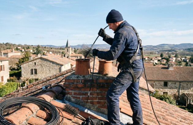 Ramonage d’un conduit de cheminée par un professionnel intervenant sur la toiture.