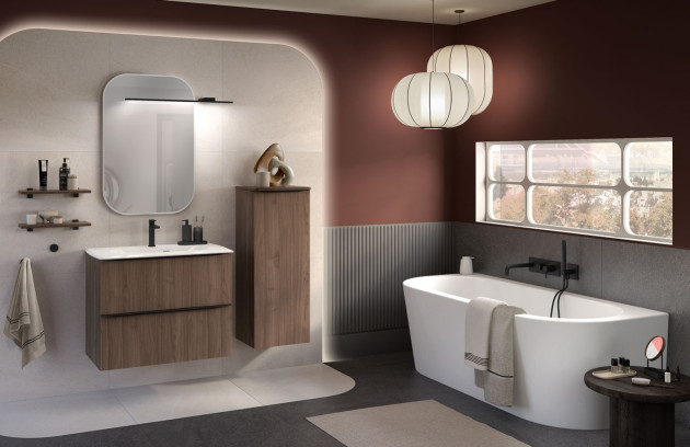 Simulateur de salle de bains : salle de bains design avec meuble bois, baignoire blanche et robinetterie noire 