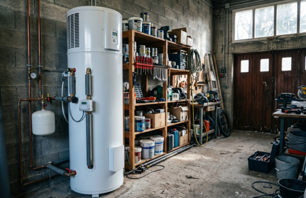 Chauffe-eau thermodynamique installé dans un garage.