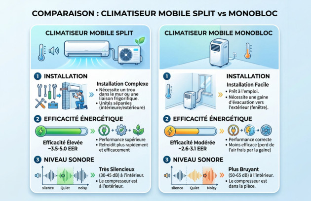 Comparatif climatiseur mobile split et monobloc : performances et confort
